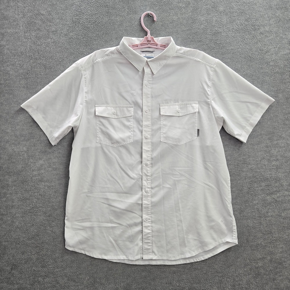 Columbia Men Button Up Shirt L White Short Sleeve Polyester Mesh Vent Outdoor